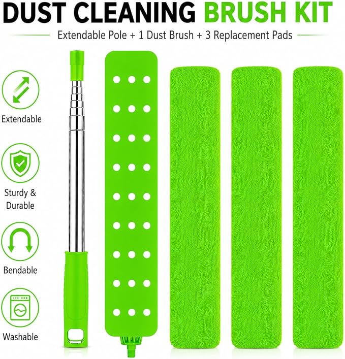 Retractable Gap Dust Cleaner with Extension Pole & 3 Microfiber Cloths | Cleaning Tools with 3 Microfiber Dusting Cloths | Long Handle Duster 30-100'' | Under Refrigerator Furniture Appliance Green