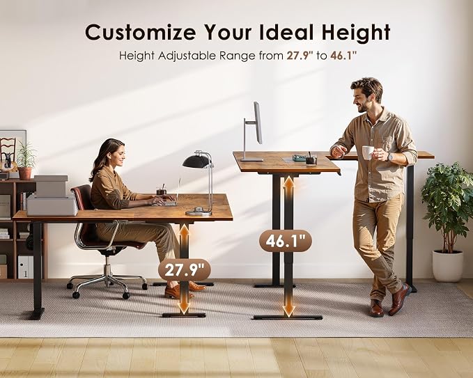 OffiGo 63 Inch Reversible L Shaped Electric Standing Desk, Rustic Brown | Large Corner Height Adjustable Stand Up Desk, 3 Memory Presets, Sit Stand Table, Reinforced Frame for Home Office Workstation