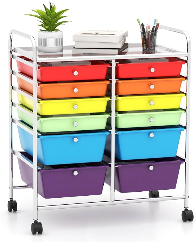 DREAMADE Rolling Cart with Storage Drawers, Utility Cart with Removable Plastic Drawers, Lockable Wheels, Art Cart for Classroom Organization Art Supplies Office Scrapbook (‎12 Drawers, Multi-color)