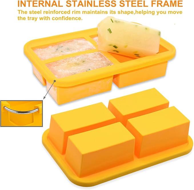 Bangp 1-Cup Silicone Freezer Molds with Lid for Soup Ice Cubes,2 Pack | Food Freezer Molds with Steel-reinforced Rim for Meal Prep,Freezing Soup,Rice,Broth & More,Makes 8 Perfect 1 Cup Portions