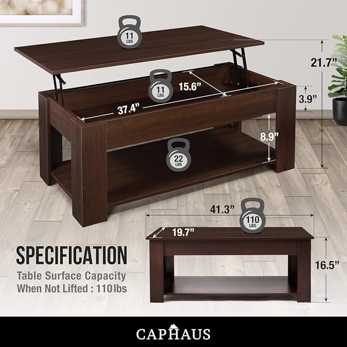 CAPHAUS Lift Top Coffee Table w/Storage and Hidden Compartment, Rising Tabletop for Living Room, Bottom Open Shelf, 41" Espresso