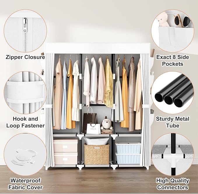 Portable Closet with Cover, 3 Hanging Rods and Side Pocket, Sturdy Free Standing Closet, White