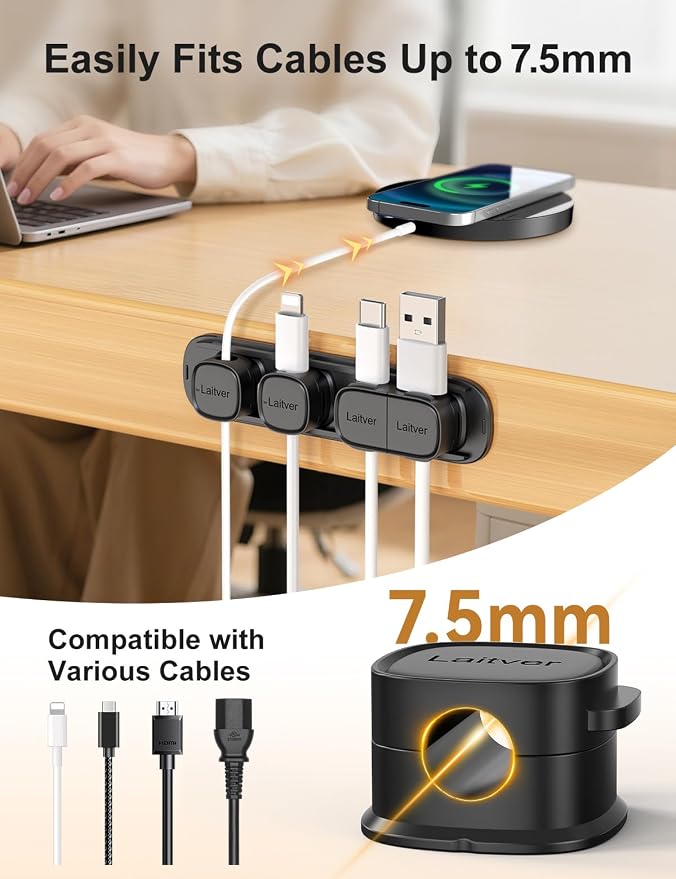 6 Pack Magnetic Cable Clips [1s Open/Lock], Laitver Cord Organizer Holder Strong Adhesive Desk Cable Management- Organize Charging Cords Neatly for Home, Office, Car,Desk, Nightstand-Black | Strong Adhesive Desk Cable Management- Organize Charging Cord...
