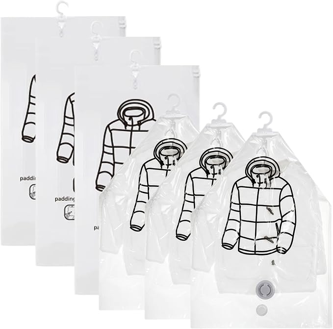 6PCS Hanging Vacuum Storage Bags for Clothes, Transparent Thick Reusable Space Saver Bags for Suits, Dresses, Jackets, Coats, Wardrobe Organizer