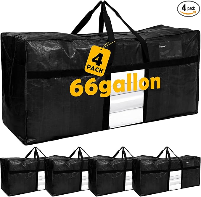 4 Pack 66 Gallon Extra Large Moving Bags with Visible Window XXL Heavy Duty Storage Bag Jumbo Big Tote for College Dorm Clothes Blankets Space Saving Alternative to Moving Boxes(Black)