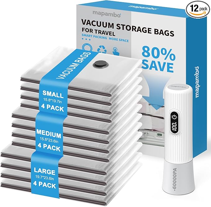 Mapambo Vacuum Seal Bags for Clothing Travel with -60000Pa LED Pump, 12 Pack Travel Cordless Vacuums Bag Set with Pump in 3 Combo Sizes. Vacuums Storage Bags for Clothes (12 Combo)