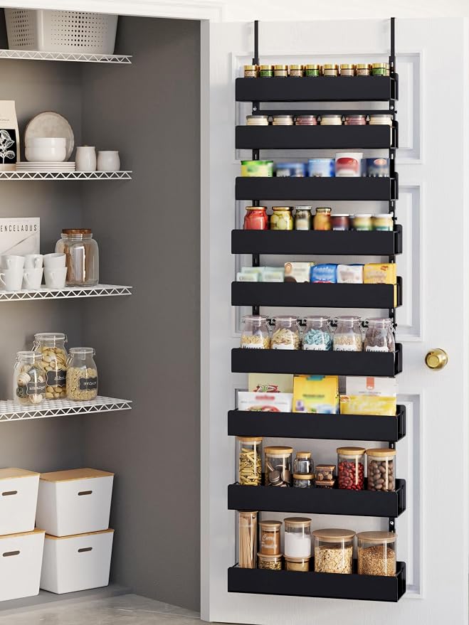 9-Tier Over Door Pantry Rack, Heavy Duty Metal Spice Organizer Shelf for Kitchen, Black