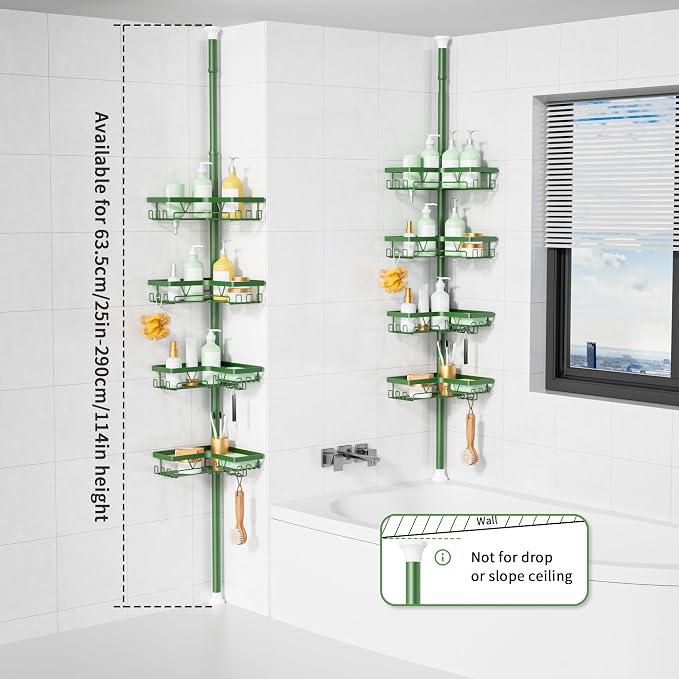 KEGII Shower Caddy Tension Pole, 4-Tier Rustproof Adjustable Corner Bathroom Organizer for Renters, 25–114.2 Inch No Drill Space-Saving Shower Storage Rack, Emerald Green