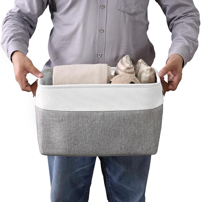 DECOMOMO Storage Bins, Large Fabric Storage Baskets for Shelves, Decorative Linen Closet Organizer, 15 x 11 x 9.5 inches (Grey & White, 4 Pack)