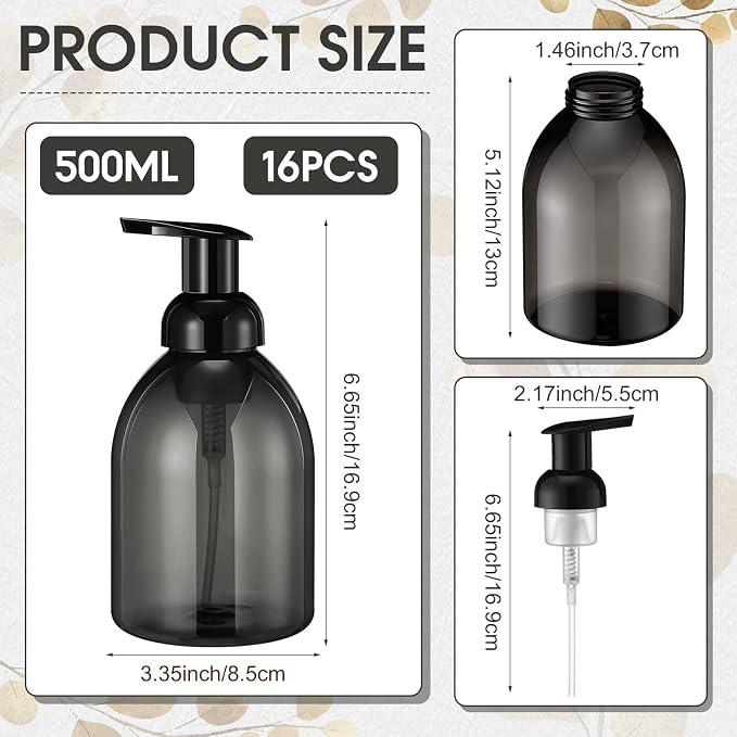 Uiifan 16 Pcs 17 oz Black Foaming Soap Dispenser Refillable Foam Pump Bottle Liquid Plastic Container for Kitchen Bathroom Commercial Concentrated or Regular Shampoo Body Wash Dish Liquid Soap