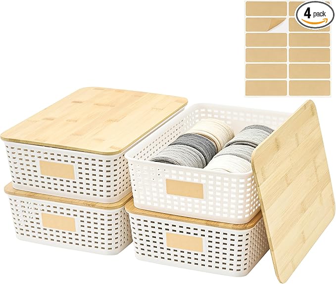 Bagnizer 4 Pack Plastic Storage Bins with Bamboo Lids, 6.2qt Stackable Storage Organizer Box with Lable for Pantry Shelves Drawers Desktop Office, 12"L x 8.3"W x 3.5"H, Cream White