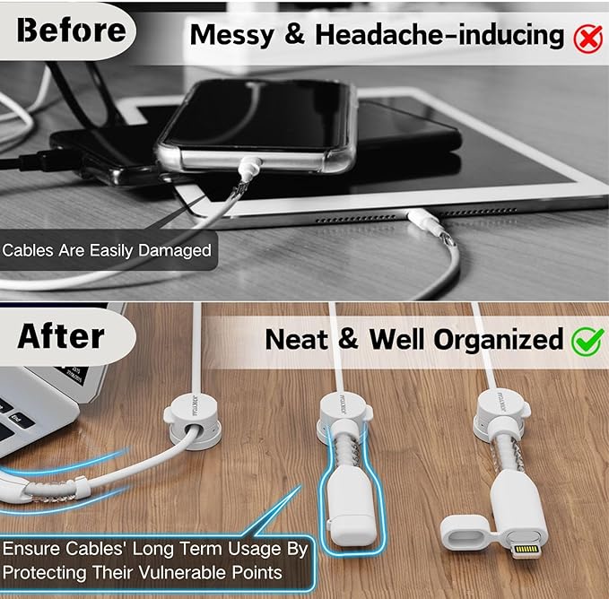 6 Magnetic Spring Cable Clip Rotatable Cord Holder Desktop Cord Organizer 2 Charging Cord Protectors for Nightstand Phone Charger Organizer Computer Desk Cable Management Appliance Adhesive Wire Strap
