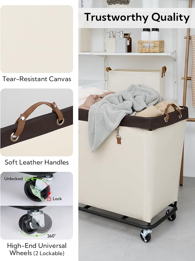 StorageWorks Laundry Basket with Wheels for Clothes, 320L Beige Hamper Cart