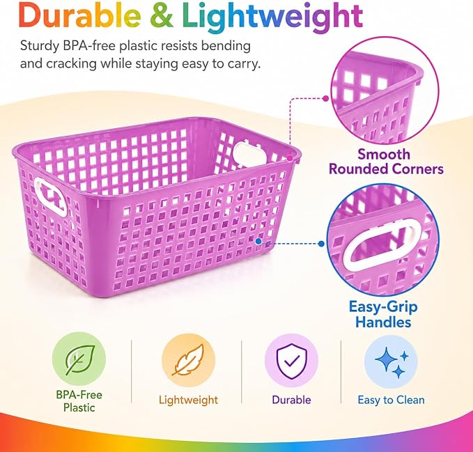 6 Pack Plastic Classroom Storage Baskets, Organizer Bins with Handle | Rainbow Color 11" × 7.1" × 4.6" Medium Papers Book Storage Organizer for School Classroom Library Office Home Desktop Closets