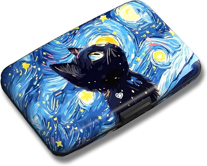 Maicican Credit Card Holder, Mini RFID Blocking Aluminum Wallet | Slim Metal Hard Case Travel Wallet ID Case for Women and Men, 4.3 x 2.9 Inches, Starry Sky and Black Cat