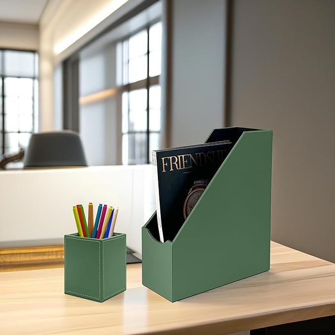 UnionBasic Square Pens Pencils Cup Holder Desk Stationery Organizer, Selected Faux Leather, Malachite Green