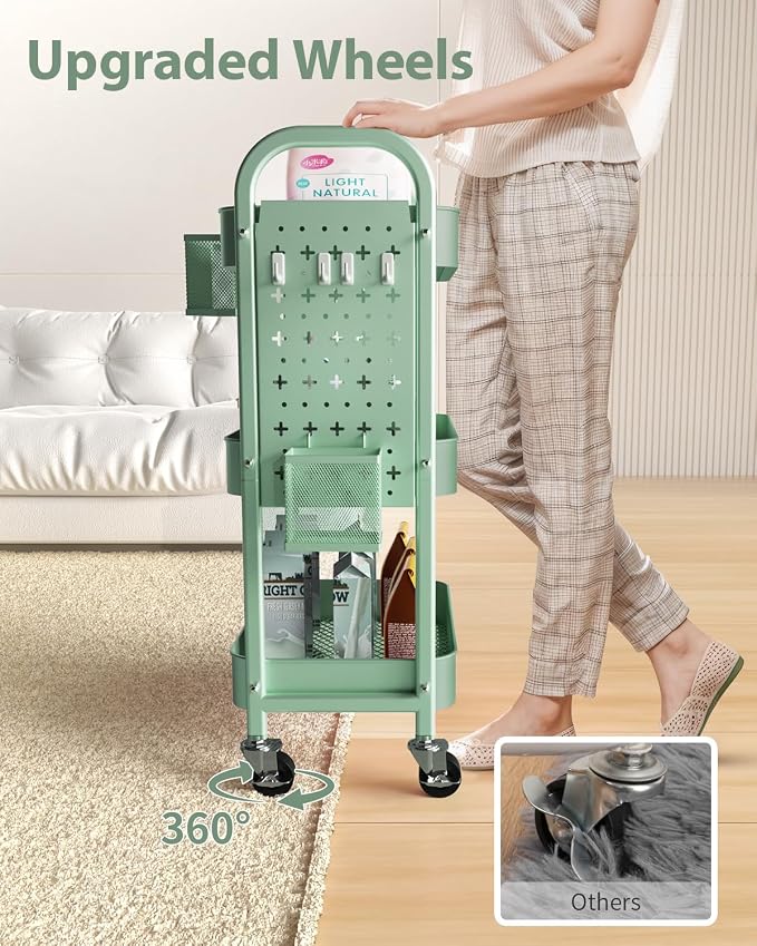 ALVOROG 3 Tier Metal Rolling Utility Cart with Pegboards,Baskets,Hook,Green | More Storage Craft Cart with Pegboards,Lockable Wheels,Hooks & Baskets to Organize Kitchen,Office,Bedroom and DIY Supplies