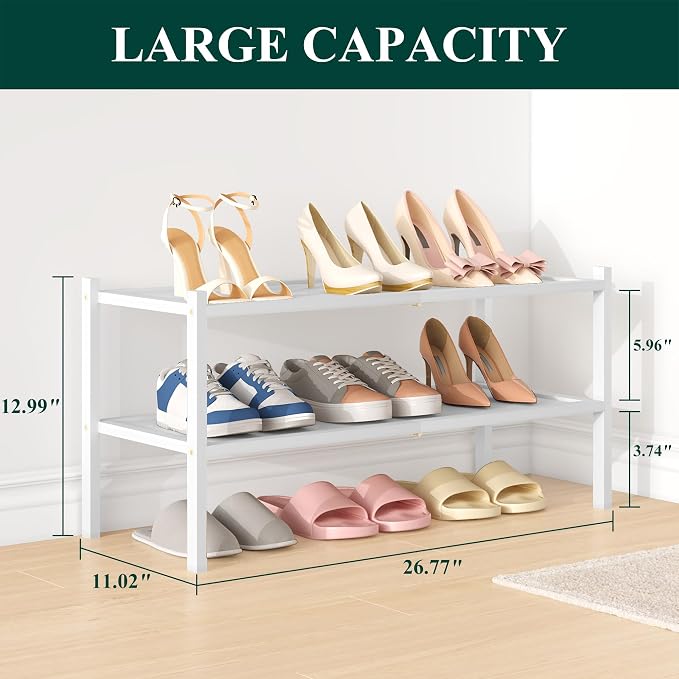 Smiry Bamboo Shoe Rack, 2 Tier Shoe Organizer for Entryway & Closet, Stackable Free Standing Storage Shelf for Shoes, Bags & Plants, White