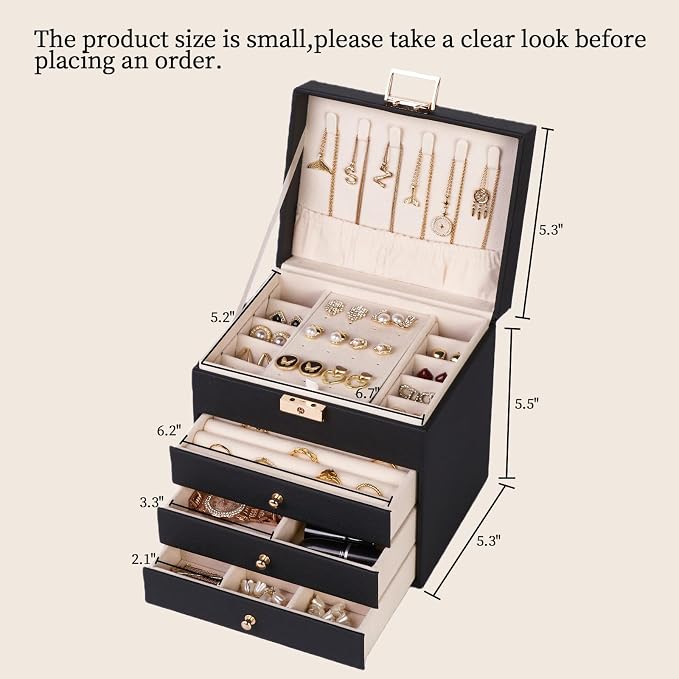 Leather Jewelry Box with Lock for Women, 4-Tier 3-Drawer Jewelry Organizer, Large Capacity Vanity Storage Case for Earrings Rings Necklaces, Gift for Her (Black)