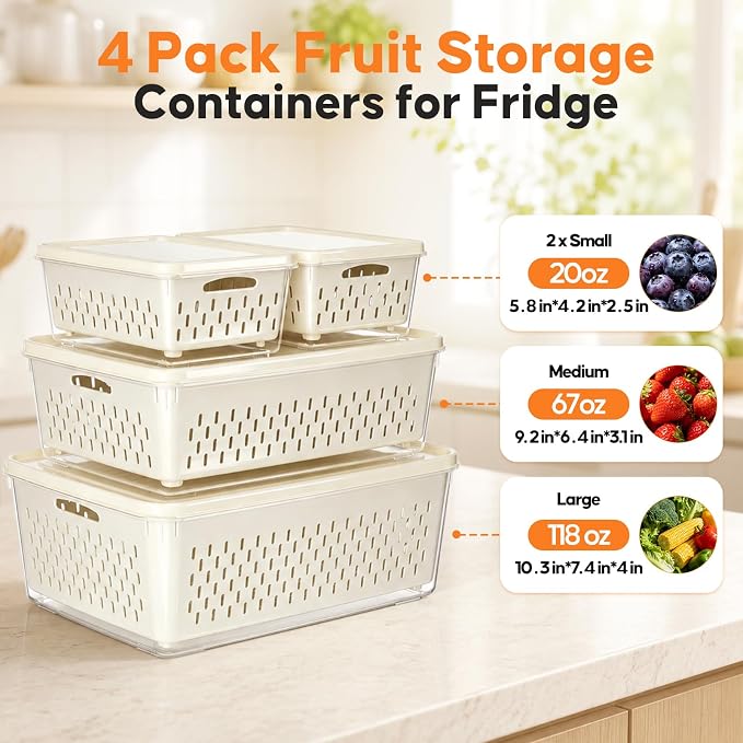 JSCARES Fruit Storage Containers for Fridge with Soft Lid - 4 Pack Food Storage Container with Removable Colander, Airtight Produce Saver Containers Keep Berry, Fruits, Vegetables, Meet Fresh Longer