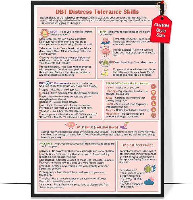 LOLUIS Mental Health Poster, Therapy Educational Supplies Art Print Classroom School Office Decor (Distress Tolerance Coping Skills, Custom Frame Type)