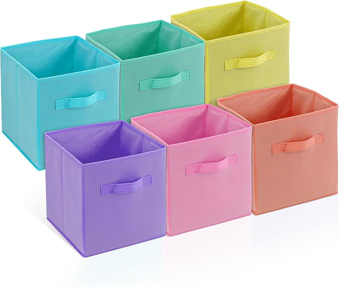 4E's Novelty 6 Pack 11 Inch Pastel Color Storage Foldable Cube Bins, Colorful Boho Storage Baskets For Nursery, Kids Room, Fabric Baskets For Toys, Clothes, Classroom Organization and Storage