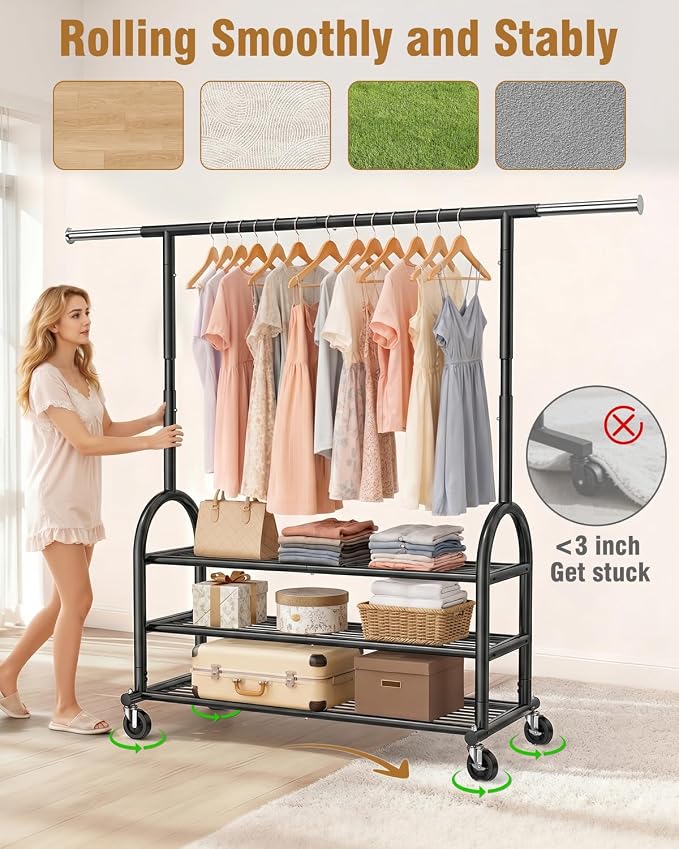EAGMAK Heavy Duty Clothes Rack for Hanging Clothes Load 688 LBS, Height Adjustable Rolling Clothing Racks, Portable Metal Coat Rack Garment Wardrobe with Wheels and 3 Shelves for Bedroom, Black