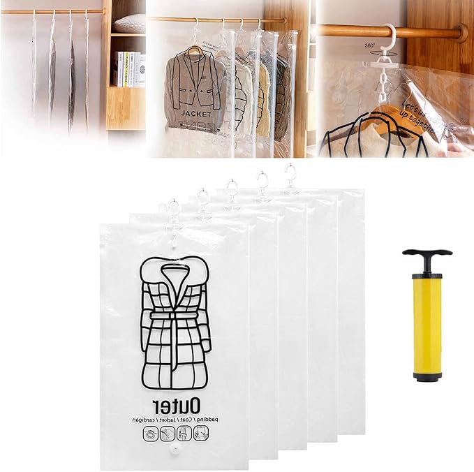 FETNHU Hanging Compressible Storage Bag, Hanging Vacuum Storage Bags with Pump, Reusable Space Saver Vacuum Storage Bags for Home Closet Organization Compression Seal (5PCS,L 67 x 110cm)
