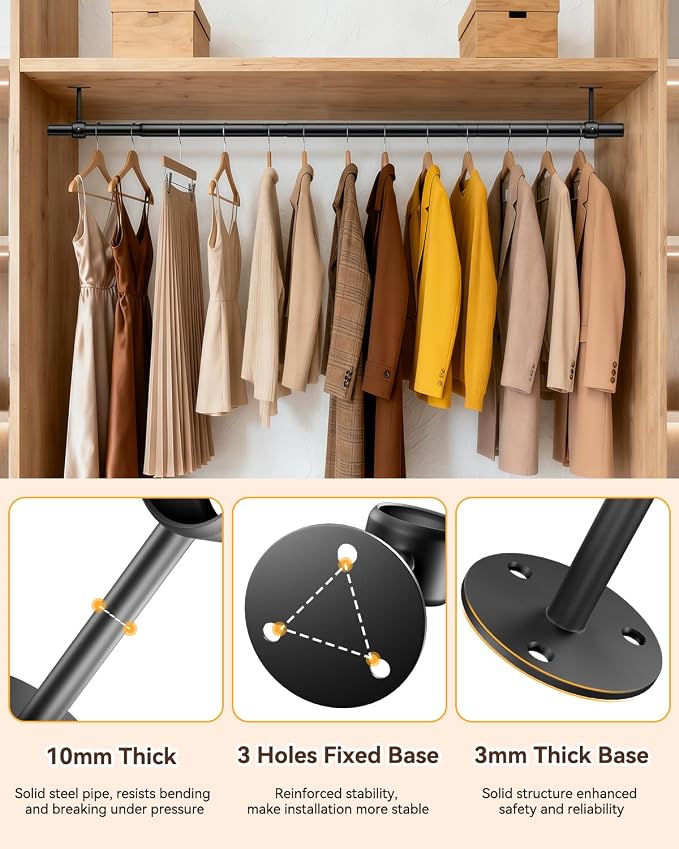 Supforce Closet Rods for Hanging Clothes, 17 to 84 Inches Ceiling Mounted Stepless Adjustable Closet Hanging Rod, 1.3 Inch Heavy Duty Hanging Clothes Rod for Closet Wardrobe Laundry RV (Black)