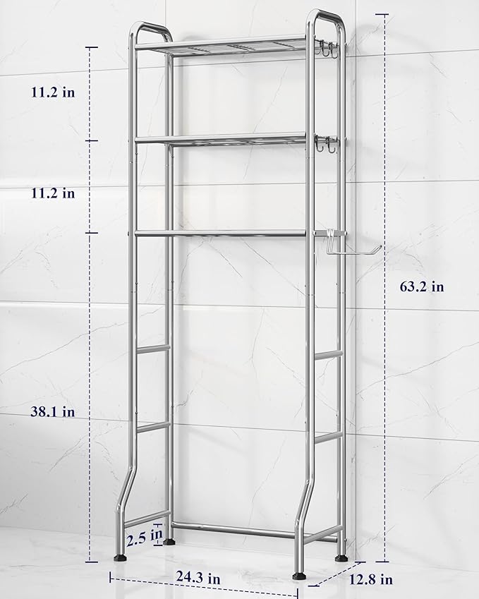 Kitsure Over Toilet Storage Rack, 63.2" H Space-Saving, Holder & Hooks | Bathroom, Laundry Room, Small Spaces, Families, Durable Metal, Silver, 3 Tier