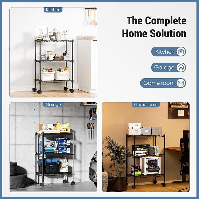 DUMOS 3-Tier Metal Storage Shelves, 23" W Wire Shelving Storage Rack with Lockable Wheels, Adjustable Shelving Unit, Standing Closet for Garage, Kitchen, Office, Living Room, 23" Wx13 Dx30 H