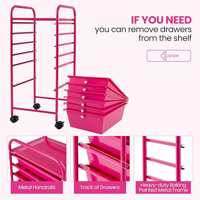 DREAMADE Rolling Cart with Storage Drawers, Utility Cart w/Removable Plastic Drawers, Lockable Wheels, Art Cart for Classroom Organization Art Supplies Office Scrapbook (6 Drawers, Hot Pink)
