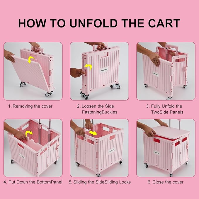 MACOPRO Folding Utility Cart Portable Rolling Crate Handcart Shopping Trolley Collapsible Tool Box, with Lid, Basket on 4 Rotate Wheels, for Grocery, Shopping, Office, Teacher (Pink)