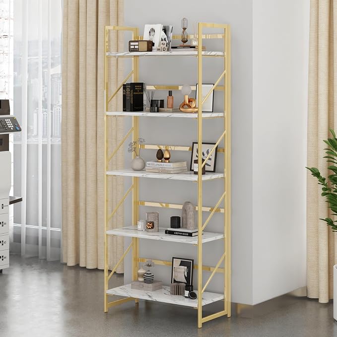 JSB 5 Tier No Assembly Folding Bookshelf, Foldable Storage Bookcase for Home Office, Space-Saving Storage Shelf for Living Room, Bedroom, Office (White&Gold)