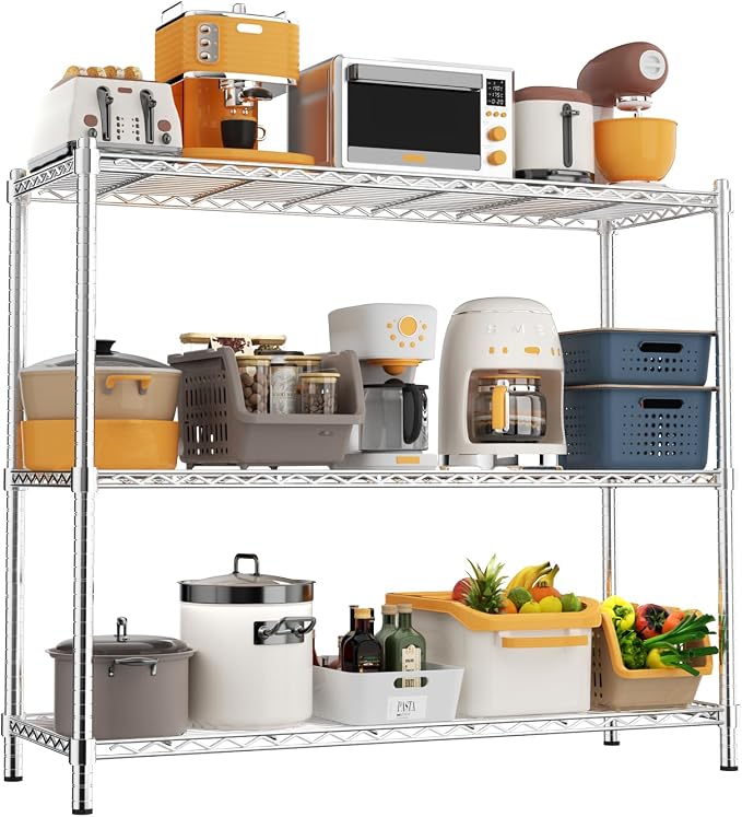 ROOMTEC 3-Tier Wire Shelving Unit,48" W*20" D*47" H,Max Load 1200 lbs | Small Garage Shelves, Heavy Duty Storage Shelf, Adjustable Metal Shelf Rack for Kitchen, Laundry, Pantry, Warehouse, Basement