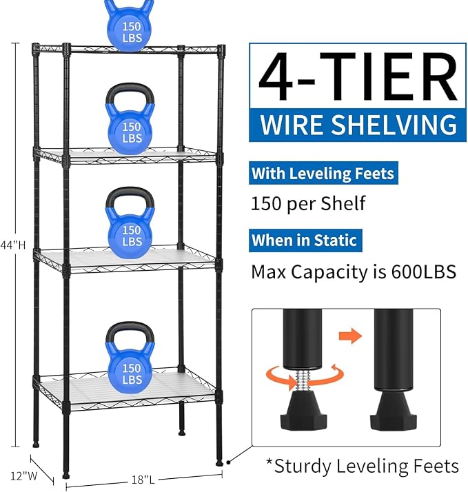 Meet perfect 4-Tier Wire Shelving Unit with 4 PP Liners, 18" W x 12" D x 44" H Heavy Duty Metal Shelf, 600Lbs Capacity Adjustable Storage Rack for Pantry, Laundry Room, Bathroom, Kitchen