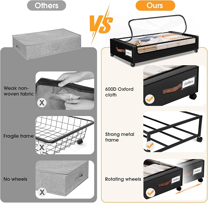SpaceHacks Under Bed Storage with Wheels 2Pack Storage Containers with Clear Window&Label Under Bed Drawers Rolling Under Bed Storage for Clothes,Shoes, Blankets (30.71 x 16.93 x 6.69 in, Black)