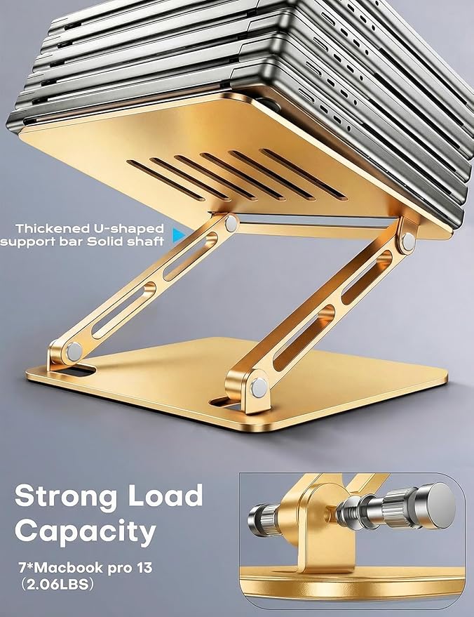 LOXP Aluminum Laptop Stand, Adjustable Laptop Stand for Desk Foldable | Portable Laptop Riser, Ergonomic Computer Notebook Holder for Desk, Office Desk Accessories (10-15.6'') - Gold