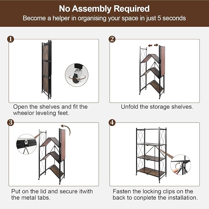 4 Tier Folding Shelf with Wheels, Wood and Metal Bookshelf, no Assembly Foldable Storage Shelves, Vintage Storage Rack for Living Room, Bedroom, and Home Office