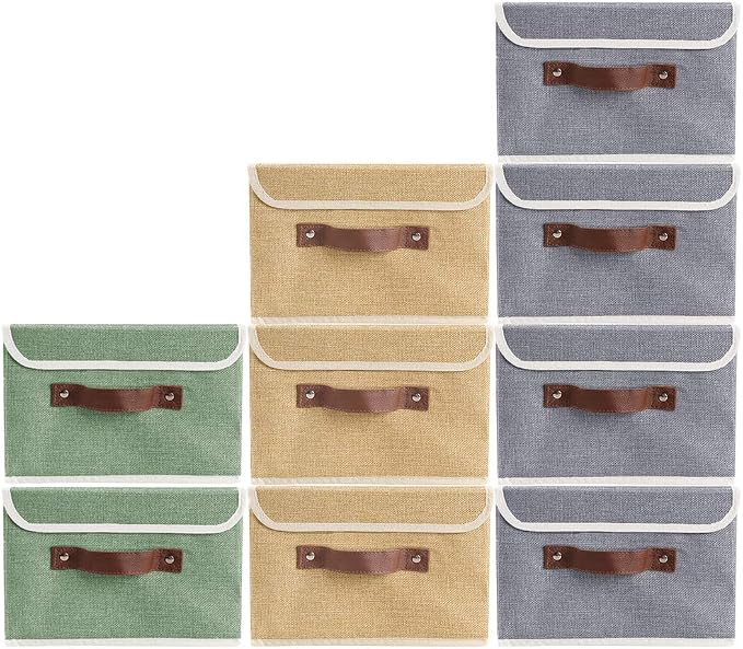 2Pack Storage Bins Boxes with Lids 10" x 8" x 7" Decorative Storage Baskets | Cotton Linen Fabric, Collapsible, Faux Leather Handles, Storage Cubes, Closet Shelf Clothes Organizer Container, Khaki