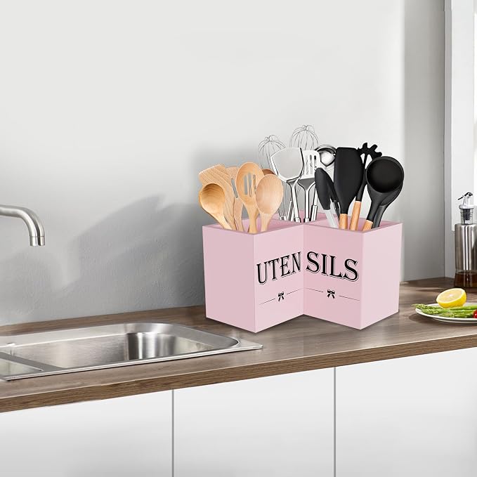 Suli Extra Large Utensil Holder Countertop for Kitchen Counter,Wood,Pink | Hold 40 Utensils,4 Removable Divider,Rutic Silverware Organizer Caddy,Spacesaving,Farmhouse Cooking Crock for Spatula,Spoon