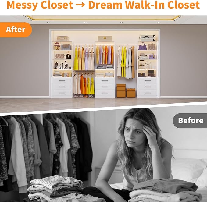 Closet System with 3 Sets, 6–15 FT Closet Organizer System with 9 Drawers, 9 Shelves & 4 Rods, Walk-In Modular Closet System, Custom Built-In Closet Kit, White