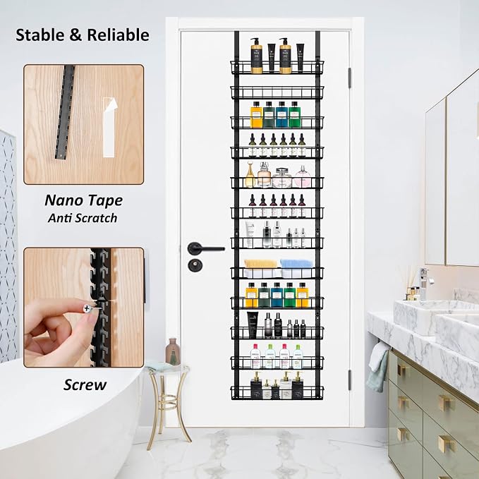 Churboro Over the Door Pantry Organizer Rack with 12 Adjustable Baskets, 12 Tiers Dual-use Spice Rack- Hanging or Wall Mount Spice Rack, Pantry Door Organizer, Black