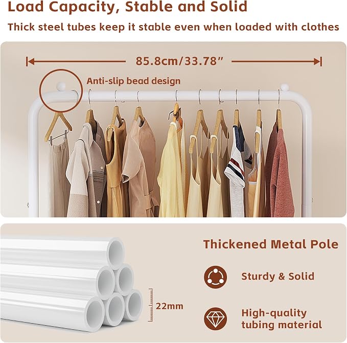 JIUYOTREE Standard Clothes Clothing Garment Rack with Storage Shelves Clothes Organizer for Hanging Clothes Coat Jacket Shirt Sweater Jeans White