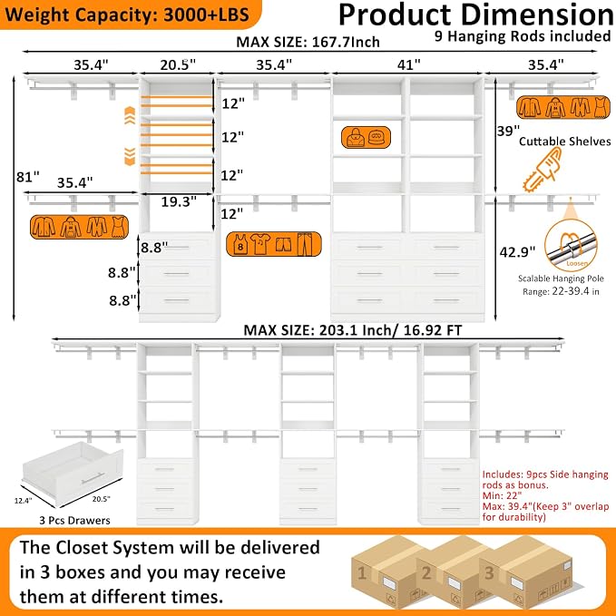 Closet System with 9 Drawers, 8FT-17FT Closet Organizer System Storage Storage Adjustable with 9 Cuttable Shelves for Walk in Closet with 9 Expandable Hanging Rods, 3 Sets , White