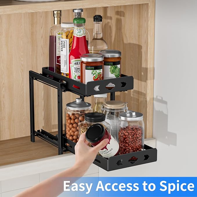 Pull Out Spice Racks for Inside Cabinets, 2 - Tier Cabinet Spice Rack Organizer, Height Adjustable Vertical Spice Rack for Cabinet, Kitchen, Pantry, Cupboard (7.5''Wx10.8''Dx9.2''H, Metal Black)