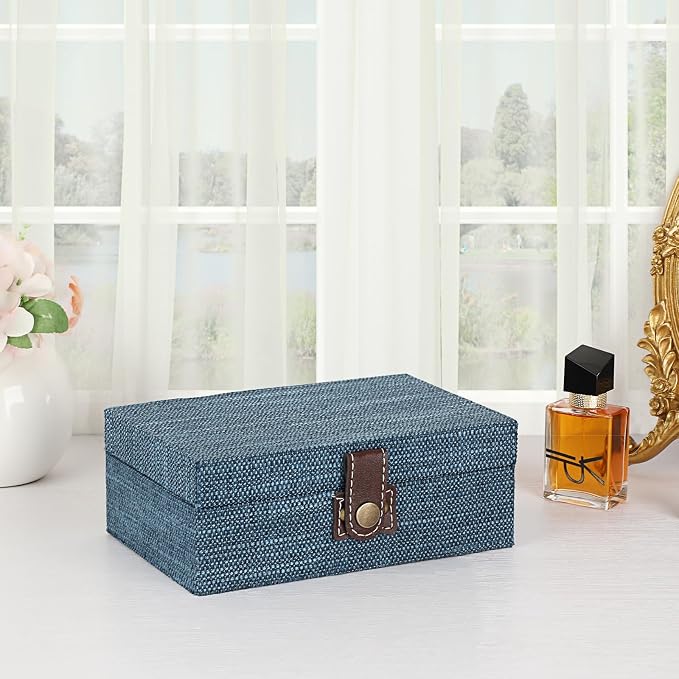 Hipiwe Treasure Chest Jewelry Box Wooden Decorative Box with Linen Covered | Memento Case Box with Clasp Lid, Rectangular Keepsake Box Photos Storage Organizer Home Decor, Blue