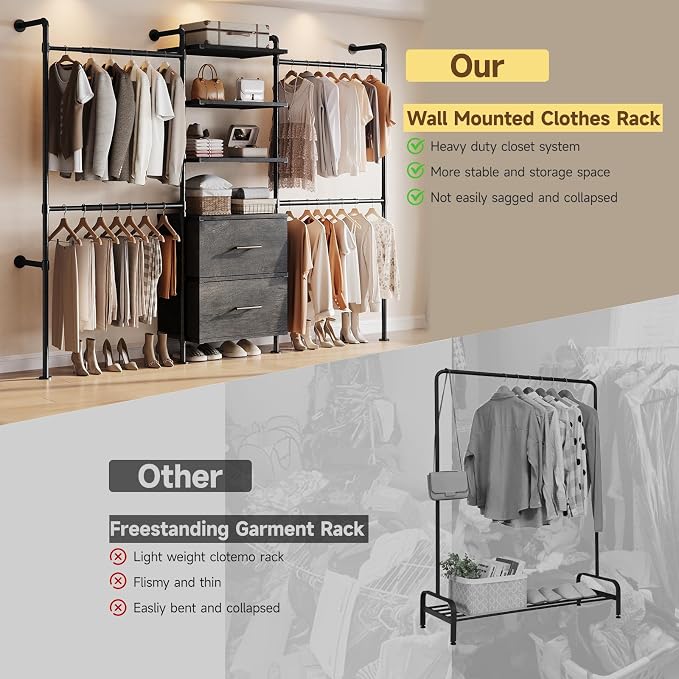 ONBRILL T3 Wall Mounted Industrial Pipe Closet Organizers Storage System | Metal Clothing Rack with 2 Drawers, 6 Wooden Shelves & 4 Expandable Rods, Heavy Duty Garment Rack, Wardrobe (Grey)
