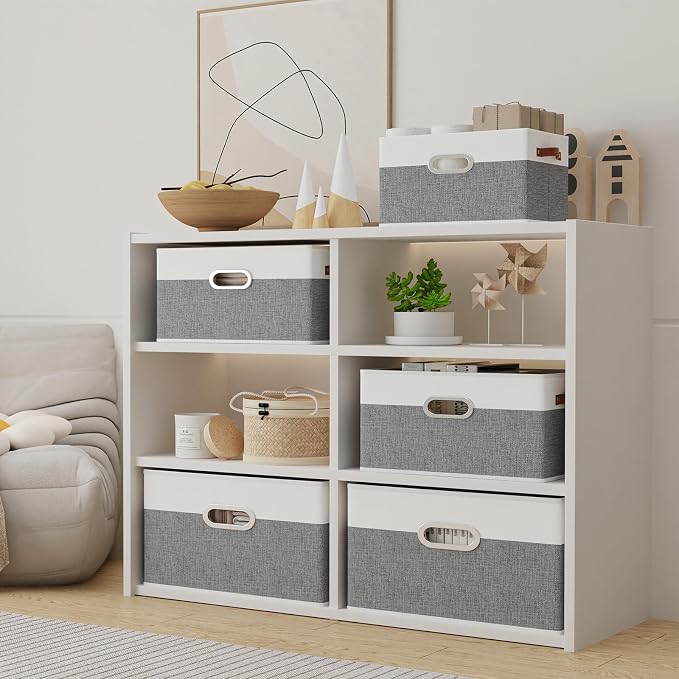 Yawinhe Fabric Storage Baskets, Foldable Closet Organizer for Shelves, Large Boxes with 3 Handles, Canvas Bins for Clothes, White/Grey, 12.99''Lx9.05''Wx7.87''H, 4-Pack