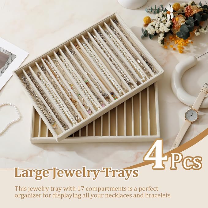 Large Stackable Jewelry Tray 4 Pack Velvet Jewelry Display Drawer Inserts Trays Organizer for Earring Bracelet Necklace Ring (Beige, 17 Grids)